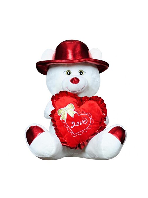 Himarry Şapkalı Ayı 45 Cm Beyaz Kalpli Pelüş Ayı Sevgiliye Hediye