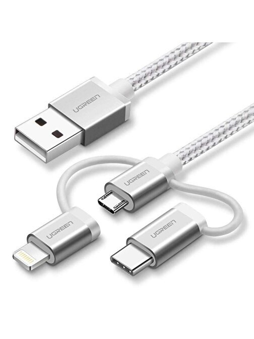 Ugreen Apple 3in1 Lightning Micro USB Type-C Hızlı Şarj Data Kablosu 1.5 m Gümüş