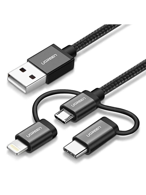 Ugreen Apple 3in1 Lightning - Micro USB -Type-C Hızlı Şarj Data Kablosu 1.5 m Siyah