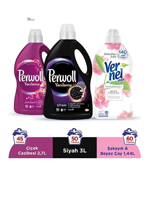 Perwoll Sıvı Çamaşır Deterjanı (95 Yıkama) 3L Siyah + 2,7L Çiçek Cazibesi + Vernel 1440Ml Şakayık