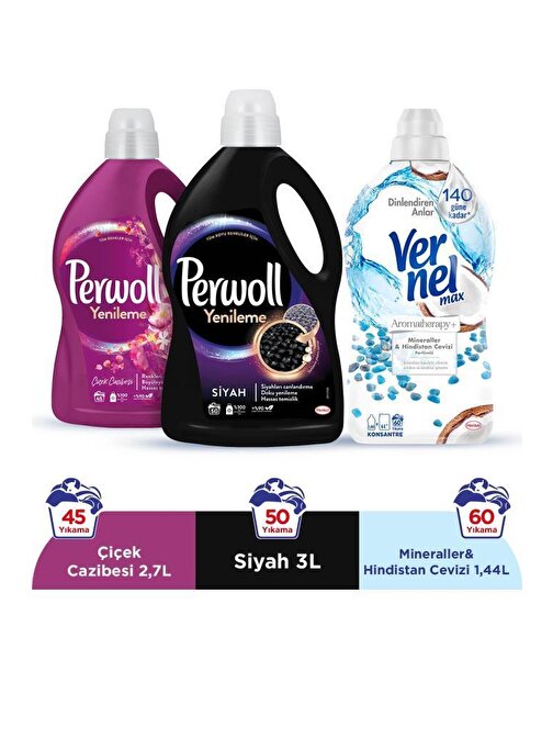 Perwoll Sıvı Çamaşır Deterjanı (95 Yıkama) 3L Siyah + 2,7L Çiçek Cazibesi +Vernel 1440Ml H.Cevizi