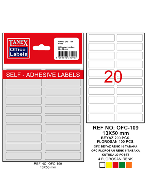 Tanex Ofis Etiketi Poşetli 13x50 MM Beyaz OFC-109