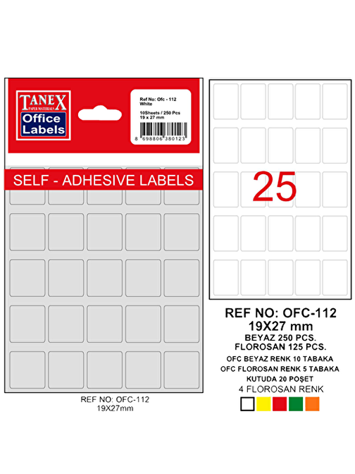 Tanex Ofis Etiketi Poşetli 19x27 MM Beyaz OFC-112