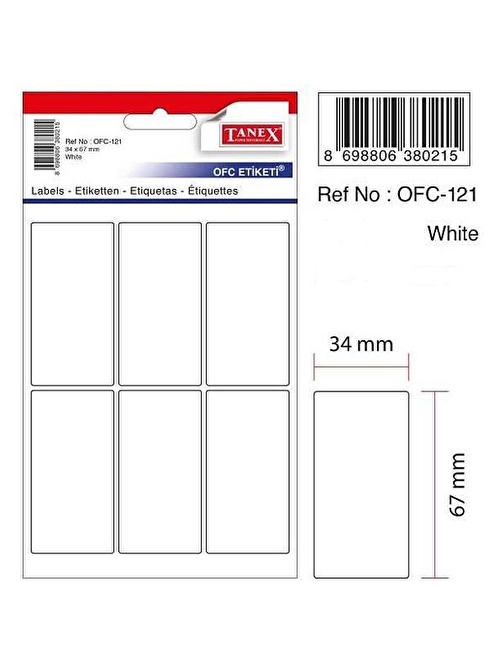 Tanex Ofis Etiketi Poşetli 34x67 MM Beyaz OFC-121