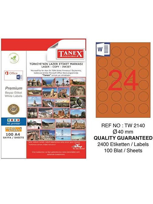 Tanex Laser Etiket 100 YP 0.40 MM Laser-Copy-Inkjet Yuvarlak Turuncu TW-2140