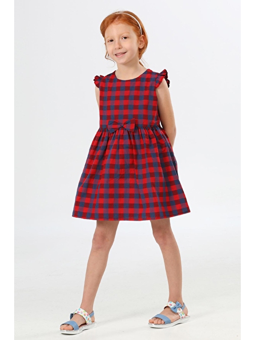 LupiaKids Kırmızı-Navy Ekoseli Kız Çocuk Elbise LP-22SUM-064