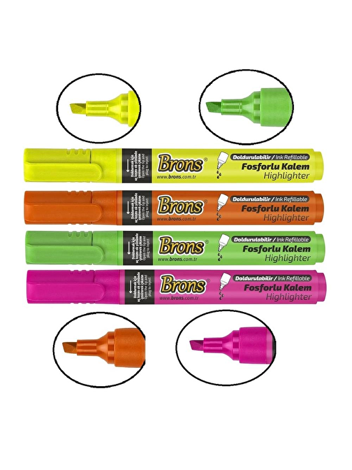 Brons Fosforlu Kalem Yeşil Sarı Turuncu Pembe Doldurulabilir 4 Adet Brons İşaret Kalemi