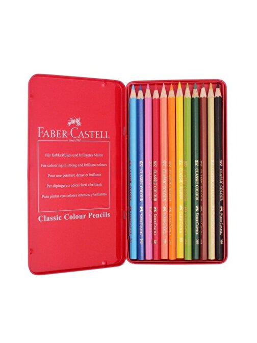 Faber Castell Metal Kutulu Uzun Kuru Boya Kalemi 12'li Çok Renkli