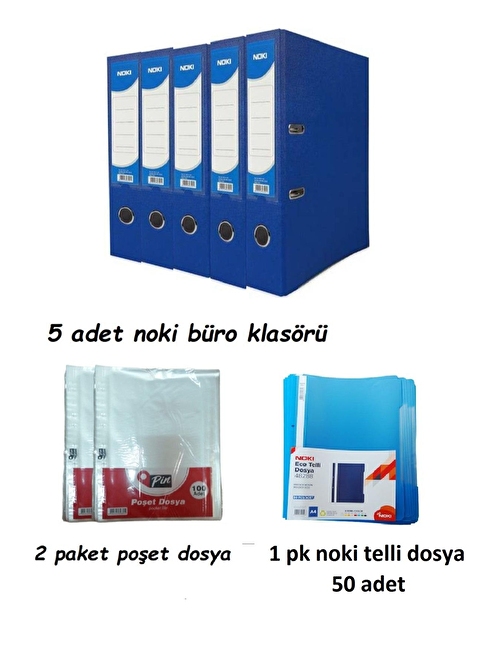 Noki 2 Adet Poşet Dosya - 1 Adet Telli Dosya - Mavi 5 Adet Plastik Karton Geniş Klasör