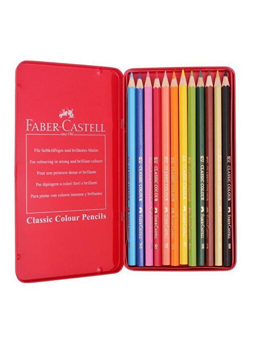 Faber Castell Metal Kutulu Kuru Boya Tam Boy 12'li Çok Renkli