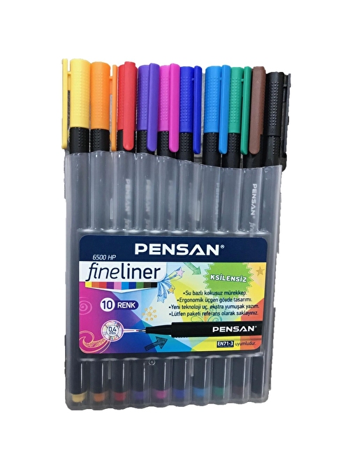 Pensan Fineliner Kalem 10 Renk Plastik Kutu 0.4mm Keçe Uçlu Kalem Pensan Fineliner 6500HP 0.4mm Keçe Uçlu Kalem