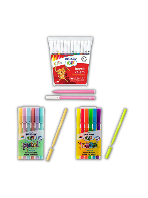 Pensan Keçeli Kalem Seti 6 Neon - 6 Pastel ve 12 Renk Keçeli Kalem Pensan Keçeli Kalem