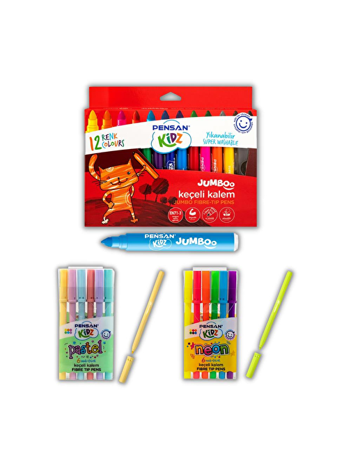 Pensan Keçeli Kalem Seti 6 Neon - 6 Pastel ve 12 Renk Jumbo Keçeli Kalem Pensan Keçeli Kalem