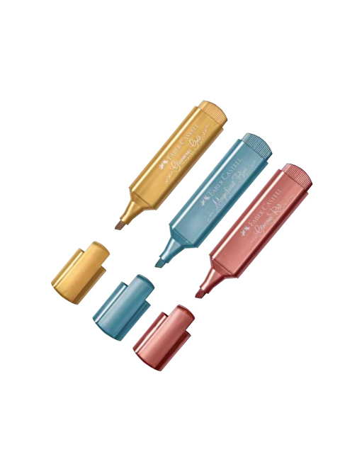 Faber Castell Metalik Renkli Fosforlu Kalem Mavi Sarı Kırmızı İşaret Kalemi 3 Adet Faber-Castell İşaret Kalemi