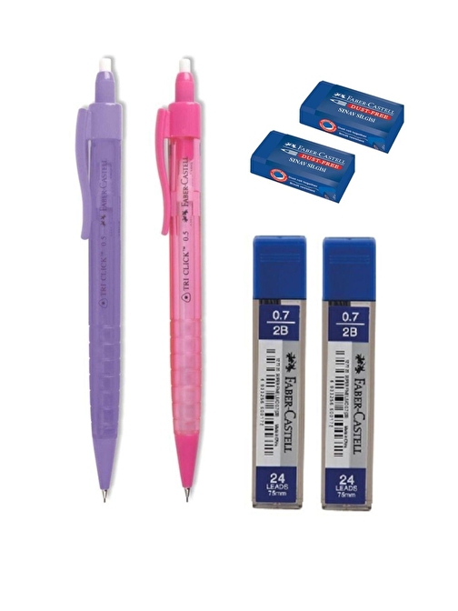 Faber-Castell Tri Click Versatil Kalem 0.7 mm 2 adet 0.7 mm uç 2 adet Sınav Silgi 2 adet Mor Pembe