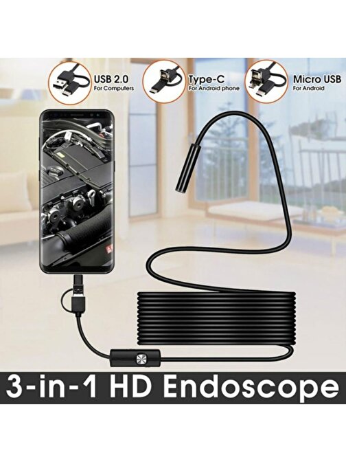 Hilalshop Endoskop 3 İn 1 Yılan Kamera Usb Micro Usb Type-C 2M Sert Kablo