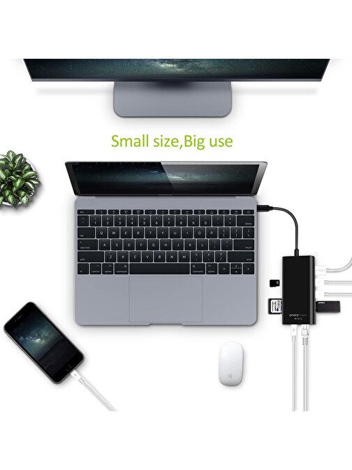 Omars Rj45 9 Portlu USB 3.0 Dahili Kablolu Adaptörlü Type-C USB Çoğaltıcı Gri