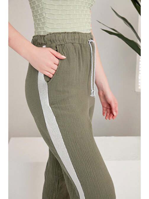 Cepli Keten Pantolon Bağcıklı Yanları Şerit Tasarım