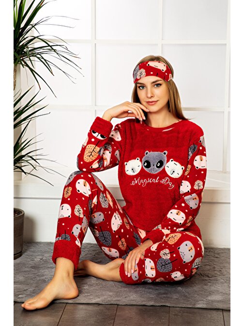 Nisanca Desenli Kışlık Kadın Welsoft Polar Pijama Takımı