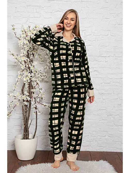 Nisanca Desenli Tam Peluş Kışlık Yılbaşı Kadın Pijama Takımı