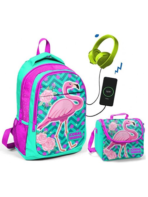 Coral High Pembe Flamingo Okul ve Beslenme Çantası - Kız Çocuk - USB Soketli