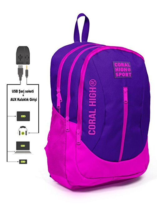 Coral High Su Geçirmez Sport Pembe-Mor Okul Ve Günlük Sırt Çantası - Usb Ve Aux Çıkışlı