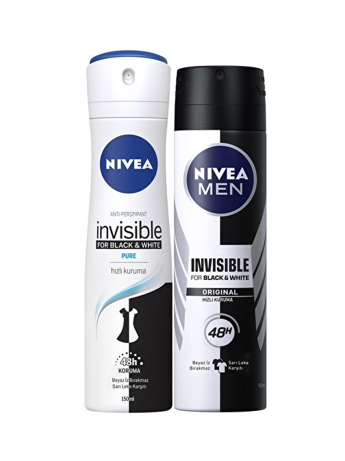 Nivea Black&White Pure Bayan Deosprey 150 Ml+ Black&White Original Erkek Deosprey 150 Ml 2'Li Paket