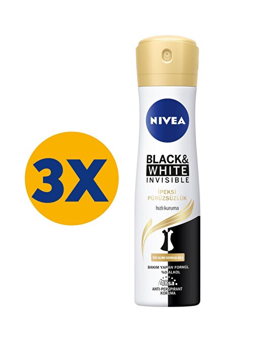 Nivea Black-White Invisible İpeksi Pürüzsüzlük 48Saat Koruma Kadın Sprey Deodorant 150 Ml x 4 Adet