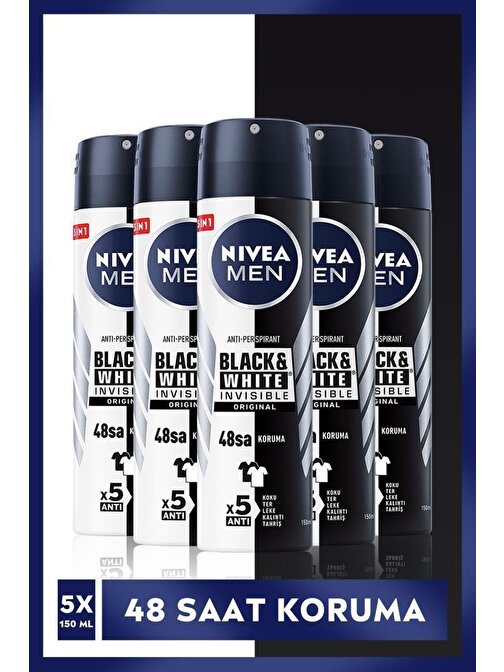 Nivea Men Erkek Sprey Deodorant Black&White Invisible Original 48 Saat Anti-perspirant Koruma 150ml x5 Adet