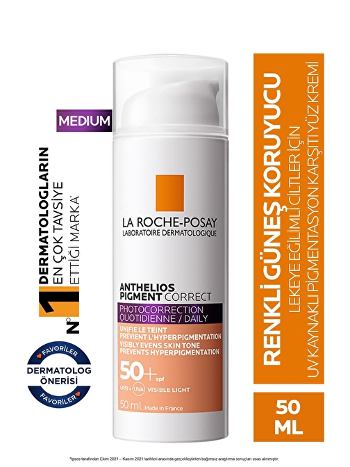 La Roche Posay Anthelios Pigment Correct Renkli Kırışıklık Ve Leke Karşıtı Yüz Güneş Kremi Medium 50 ml