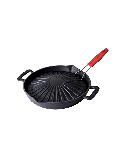 Lava Döküm Yuvarlak Grill Izgara Tavası Genghis Khan Serisi Çift Kulp Ve Silikon Tel Saplı Çap 32 cm