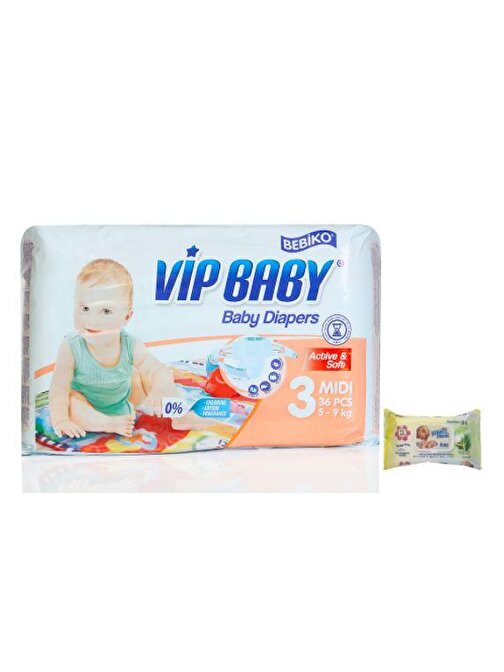 Bebiko Vip Baby Active Soft 5 - 9 kg 3 Numara Bebek Bezi 36 Adet + Islak Mendil 72 Adet