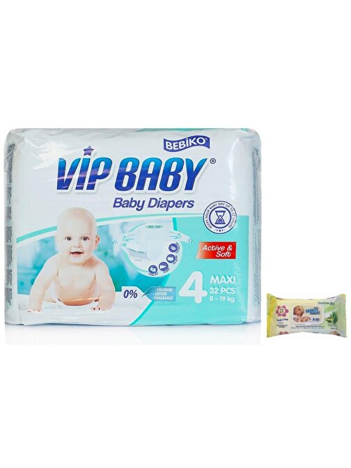 Bebiko Vip Baby Active Soft 8 - 19 kg 4 Numara Bebek Bezi 32 Adet + Islak Mendil 72 Adet