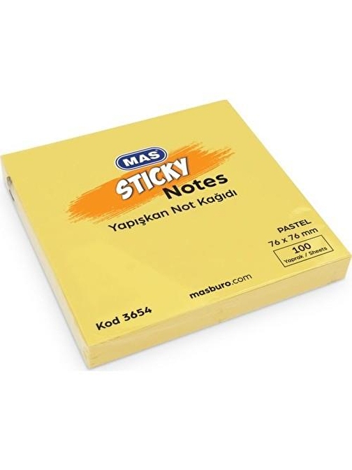 Mas 3654 Kare Post-it -  Not Kağıdı Sarı 76x76 mm 100 Yaprak