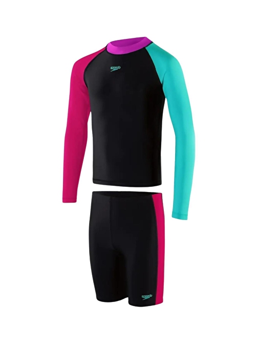 Speedo 8-12863G740 - Long Sleeved Kız Çocuk Yüzücü Mayosu Siyah-Pembe 9-10 Yaş