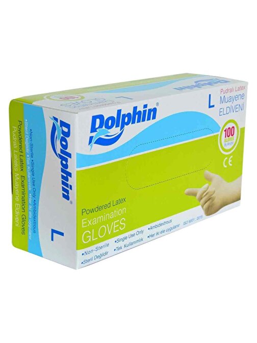 Dolphin Pudralı Latex Muayene Eldiveni Büyük Boy (L) 100Lü Paket