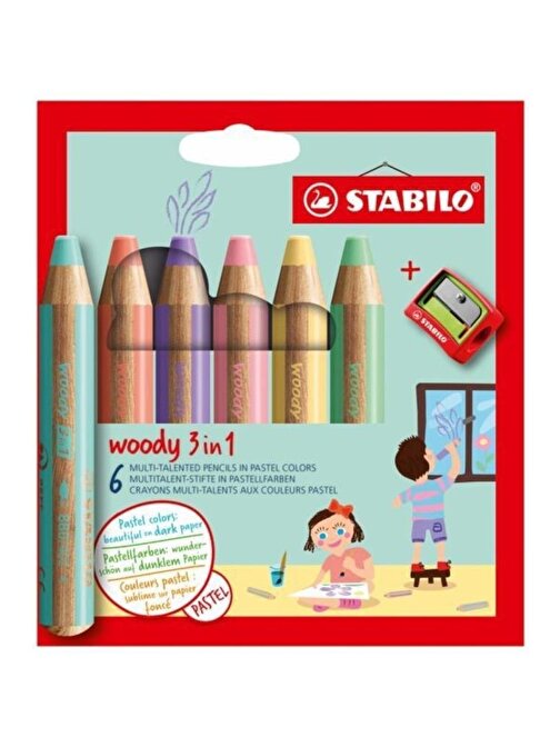 Stabilo Woody 3 in 1 Kalemtraş Pastel Kuru Boya 6'lı Çok Renkli