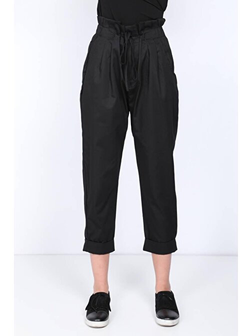 Kadın Siyah Paperbag Duble Paça Kumaş Pantolon