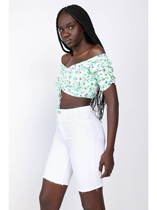 Kadın Renkli Çiçekli Sırtı Gipeli Crop Bluz