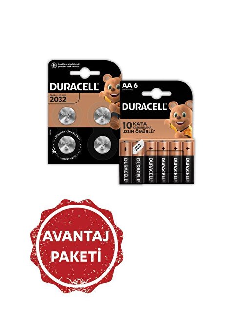 Duracell 2032 3V Lityum Düğme Pil 4'lü +Alkalin Aa Kalem Pil 6'lı Paket