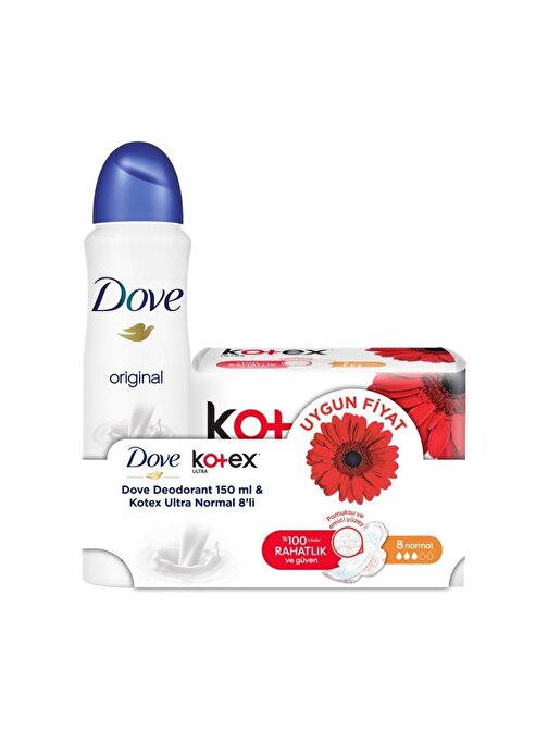 Dove Kadın Sprey Deodorant Original 150 Ml + Kotex Hijyenik Ped Ultra Normal 8'Li