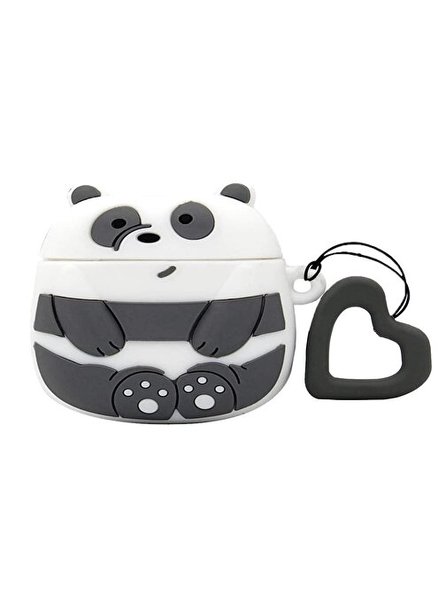 Bipower E2M Airpods Pro Uyumlu Panda Desenli Silikon Bluetooth Kulaklık Kılıfı Gri