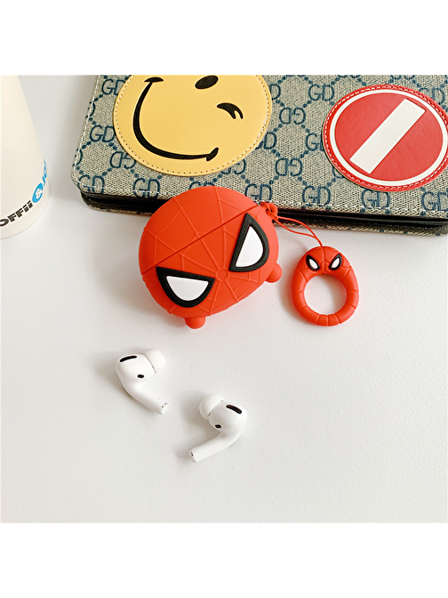 E2M Airpods Pro Uyumlu Spiderman Desenli Silikon Bluetooth Kulaklık Kılıfı Kırmızı