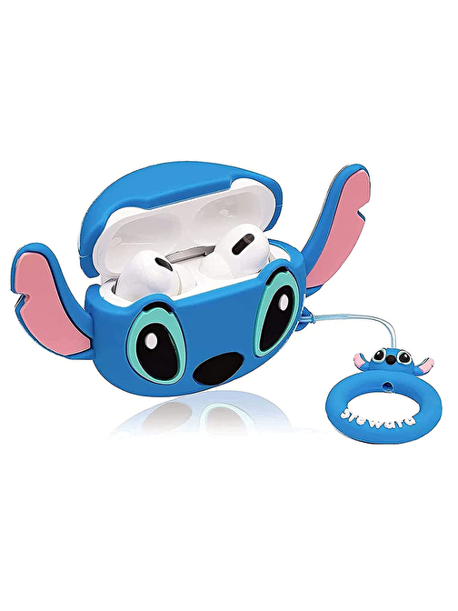 Bipower E2M Airpods Pro Uyumlu Stitch Desenli Silikon Bluetooth Kulaklık Kılıfı Mavi