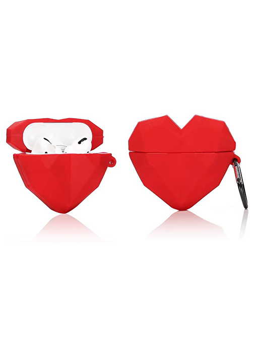 Bipower E2M Airpods Pro Uyumlu Origami Kalp Desenli Silikon Bluetooth Kulaklık Kılıfı Kırmızı