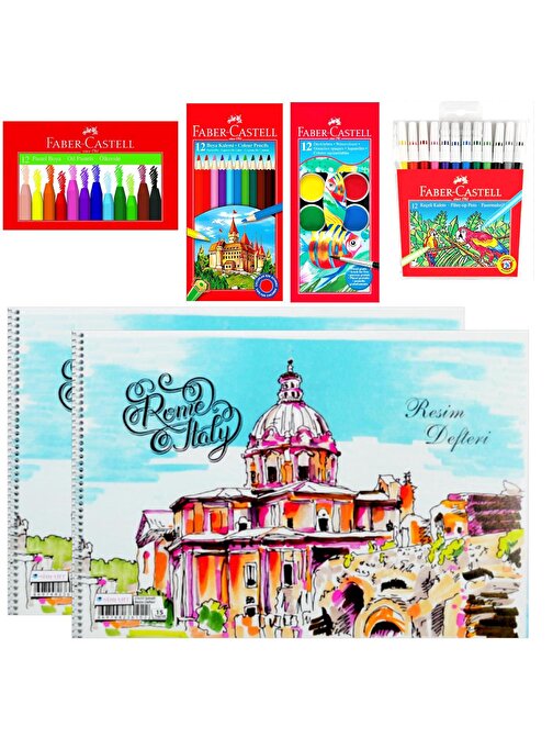 Faber Castell Kuru Sulu Keçeli Pastel 12 Renk Boya Ve 25x35 Spiralli 2 Adet Defter Seti