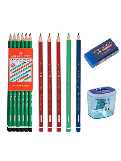 Faber-Castell Kurşun Kalem 12 Adet Kırmızı Yeşil Mavi Kopya Kalemi Kalemtıraş Silgi