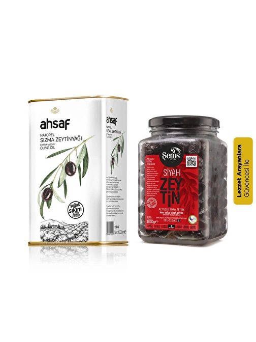 Şems Avantajlı Zeytin+Yağı Paketi Ahsaf Soğuk Sıkım Zeytinyağı 1 Lt + Şems Siyah Zeytin 291-320 1 Kg