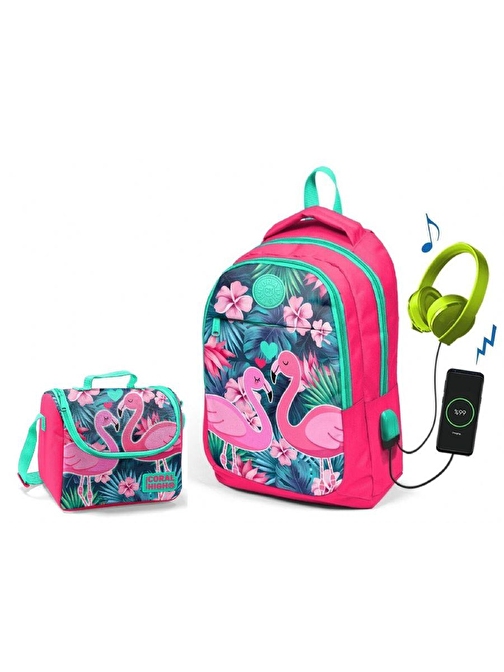 Coral High Narçiçeği Flamingo Okul ve Beslenme Çantası - Kız Çocuk - USB Soketli