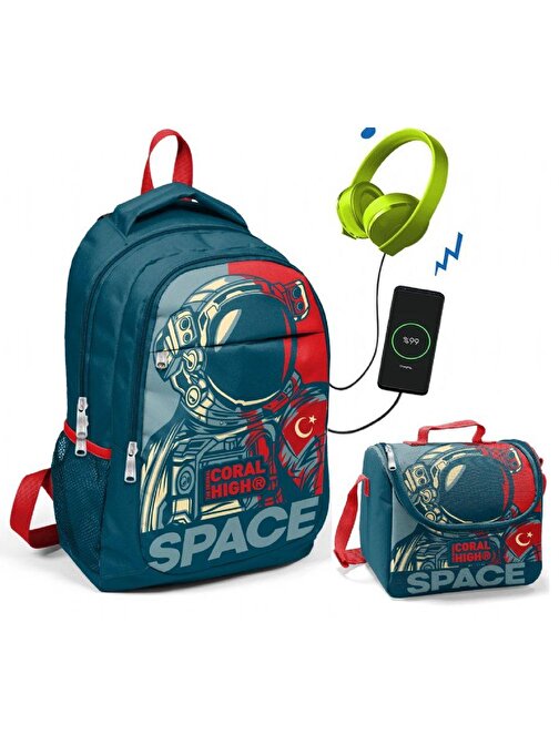 Coral High Astronot Baskılı Okul ve Beslenme Çantası - Erkek Çocuk - USB Soketli